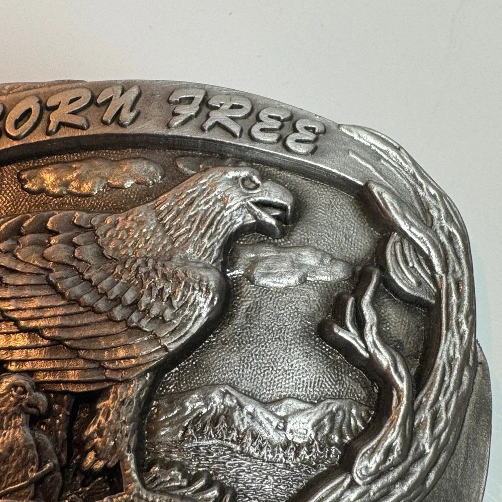 Vintage USA Made Eagle Nest Born Free Belt Buckle Pewter‎ Metal 1987